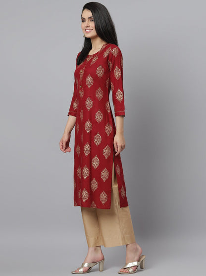 Women's Gold Printed Rayon Straight Kurta (Pre-Order)