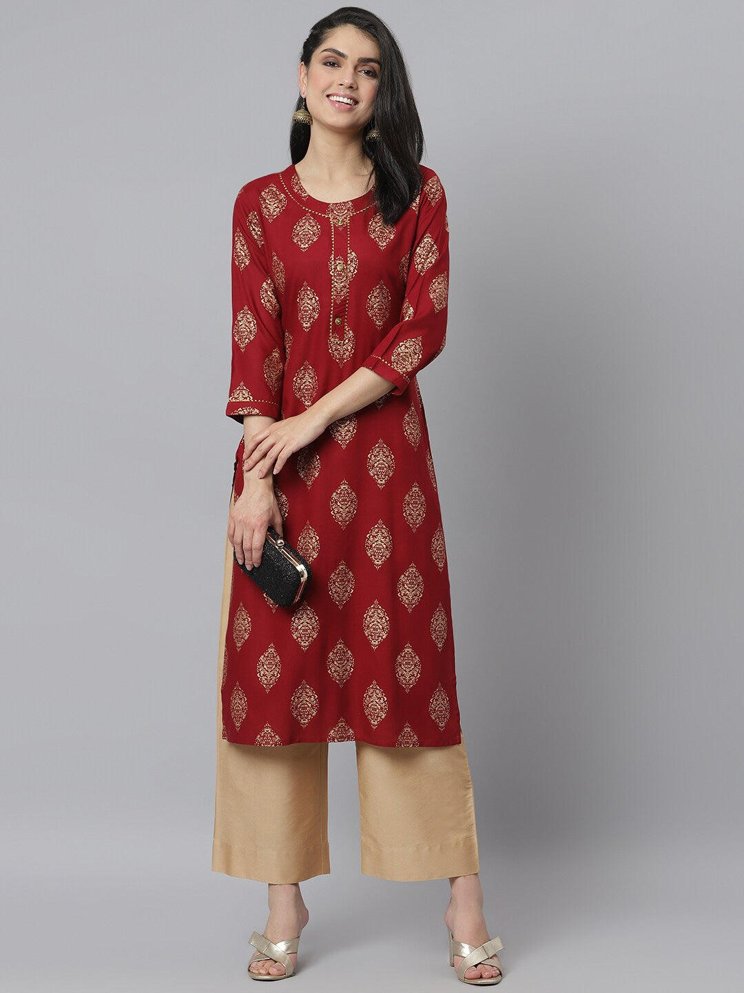 Women's Gold Printed Rayon Straight Kurta (Pre-Order)