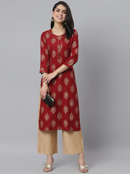 Women's Gold Printed Rayon Straight Kurta (Pre-Order)