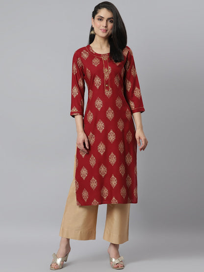 Women's Gold Printed Rayon Straight Kurta (Pre-Order)
