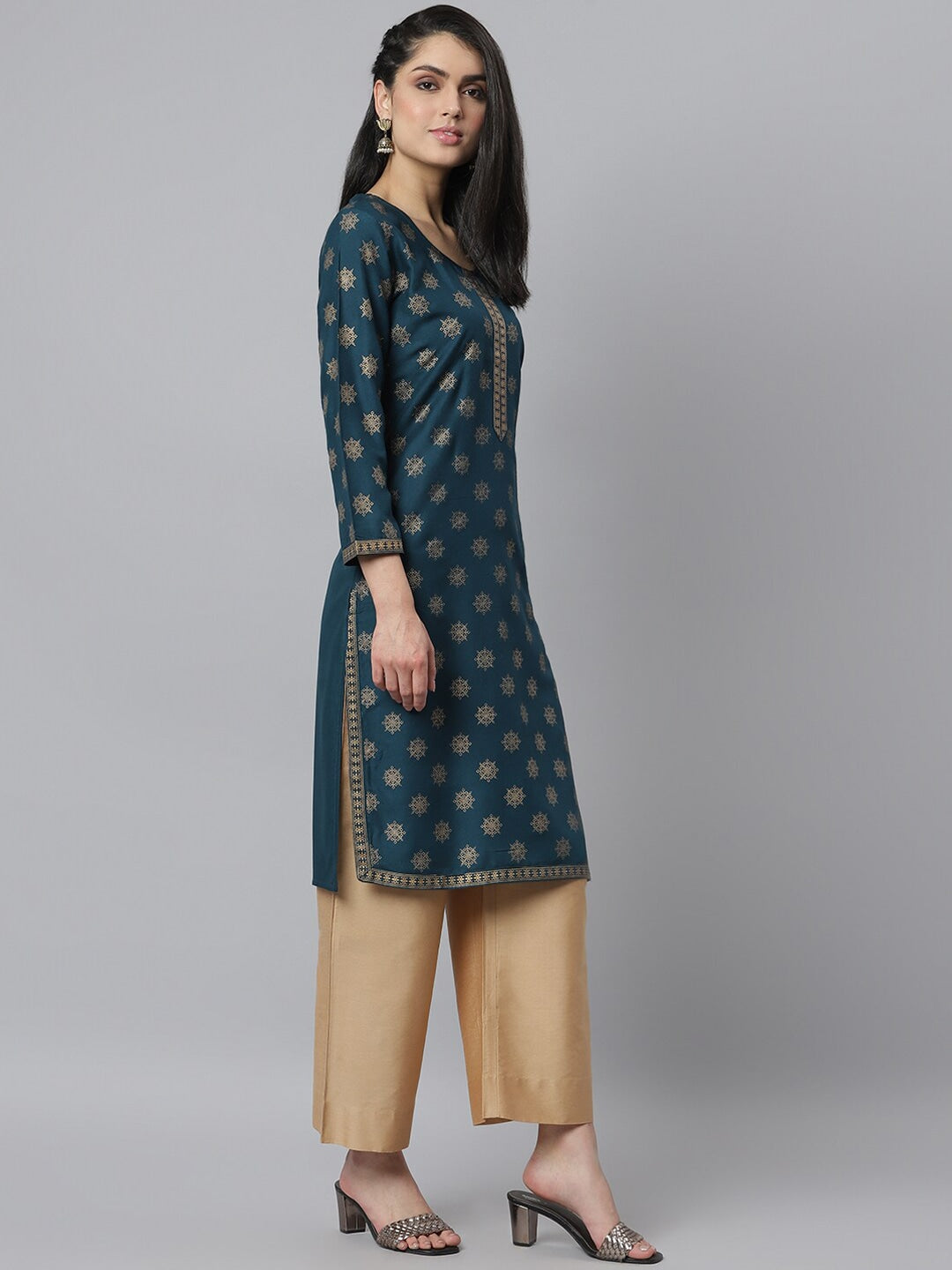 Women's Gold Printed Rayon Straight Kurta (Pre-Order)