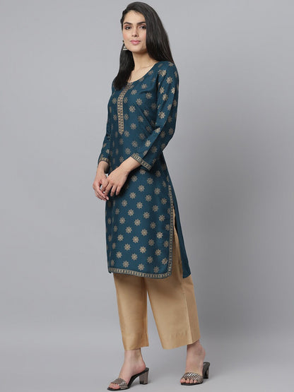 Women's Gold Printed Rayon Straight Kurta (Pre-Order)