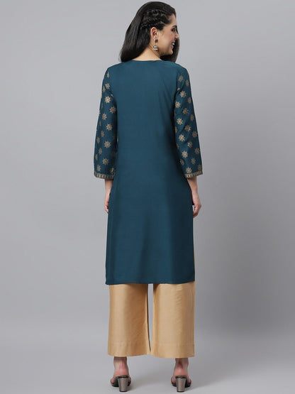 Women's Gold Printed Rayon Straight Kurta (Pre-Order)