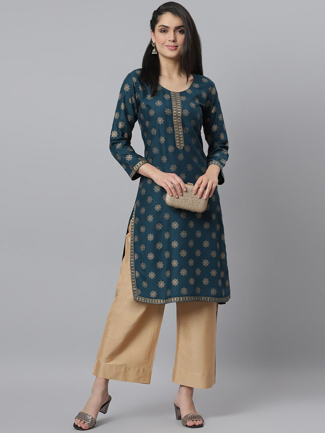 Women's Gold Printed Rayon Straight Kurta (Pre-Order)