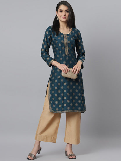 Women's Gold Printed Rayon Straight Kurta (Pre-Order)