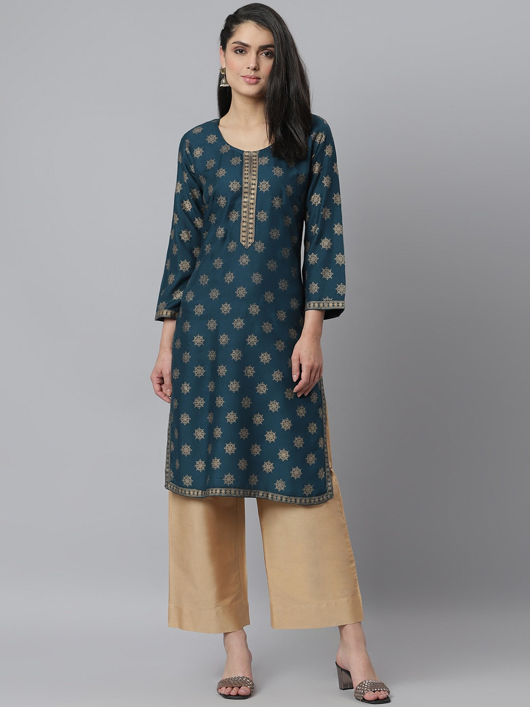 Women's Gold Printed Rayon Straight Kurta (Pre-Order)