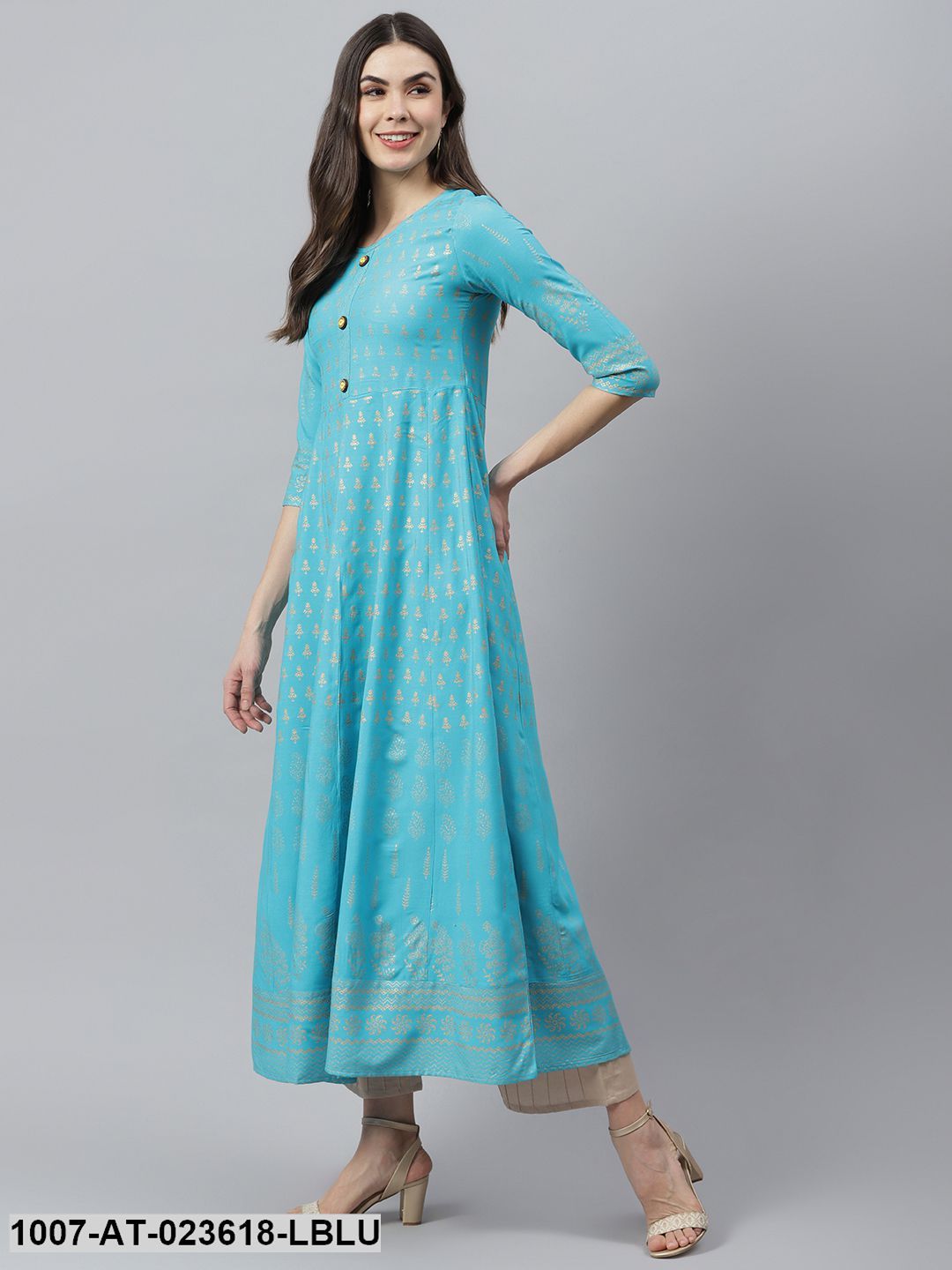 Women's Gold Printed Rayon Anarkali Kurta (Pre-Order)