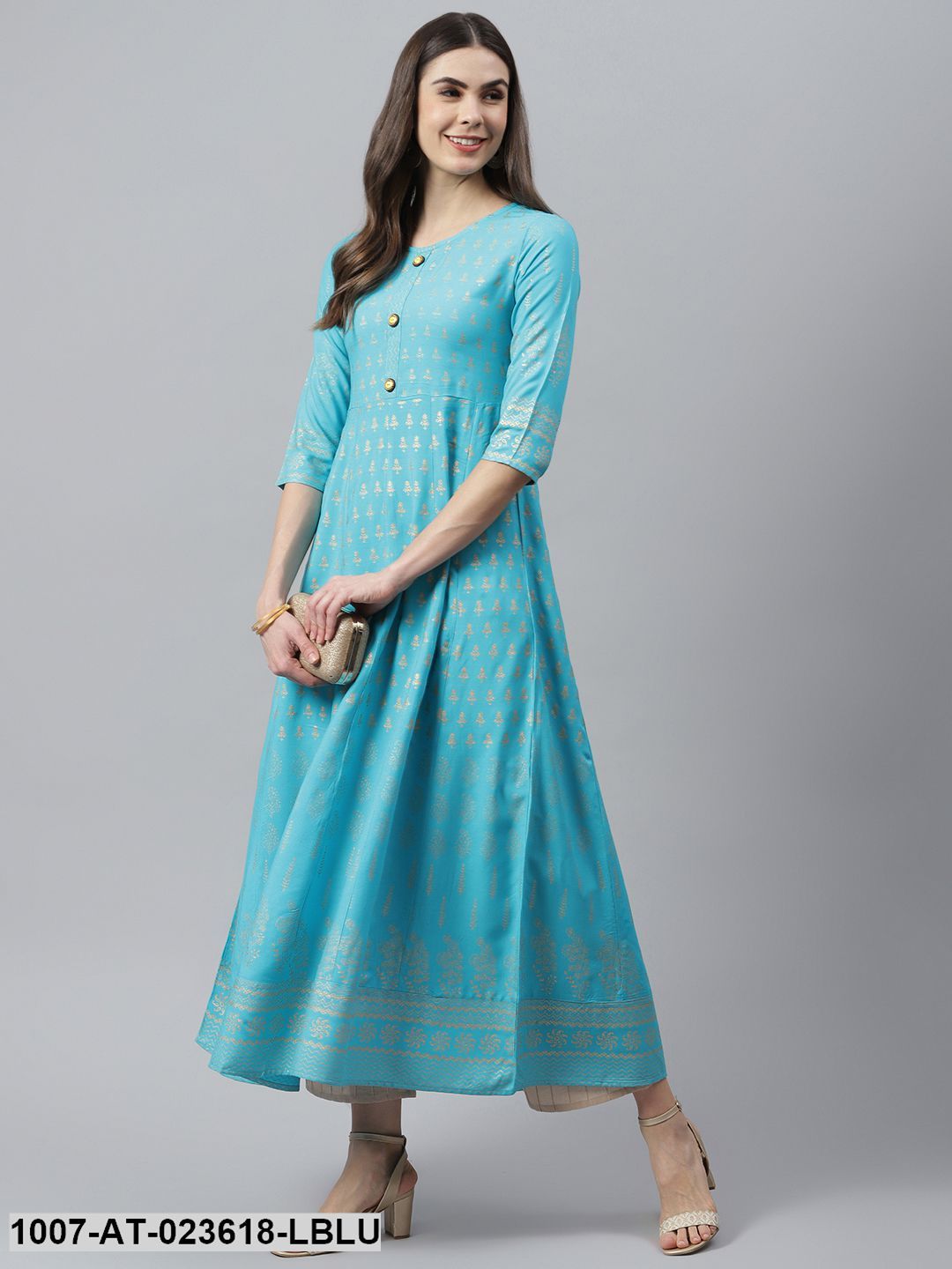 Women's Gold Printed Rayon Anarkali Kurta (Pre-Order)