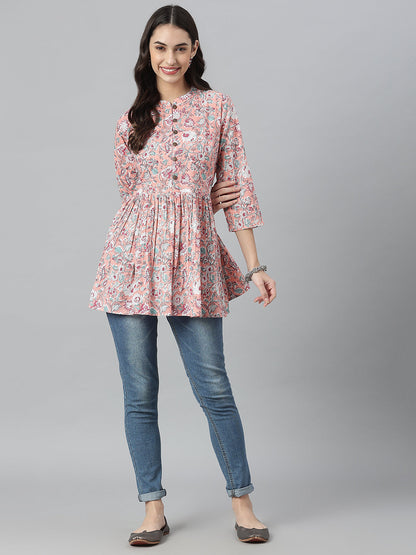 Floral Printed Cotton Flared Ethnic Short Tunic (Pre-Order)