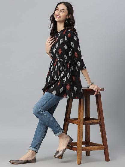 Ikat Printed Cotton Gathered Ethnic Short Tunic (Pre-Order)