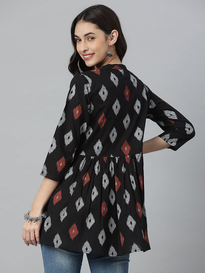 Ikat Printed Cotton Gathered Ethnic Short Tunic (Pre-Order)