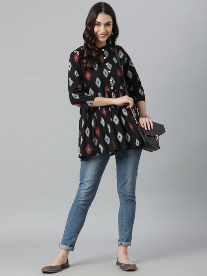 Ikat Printed Cotton Gathered Ethnic Short Tunic (Pre-Order)