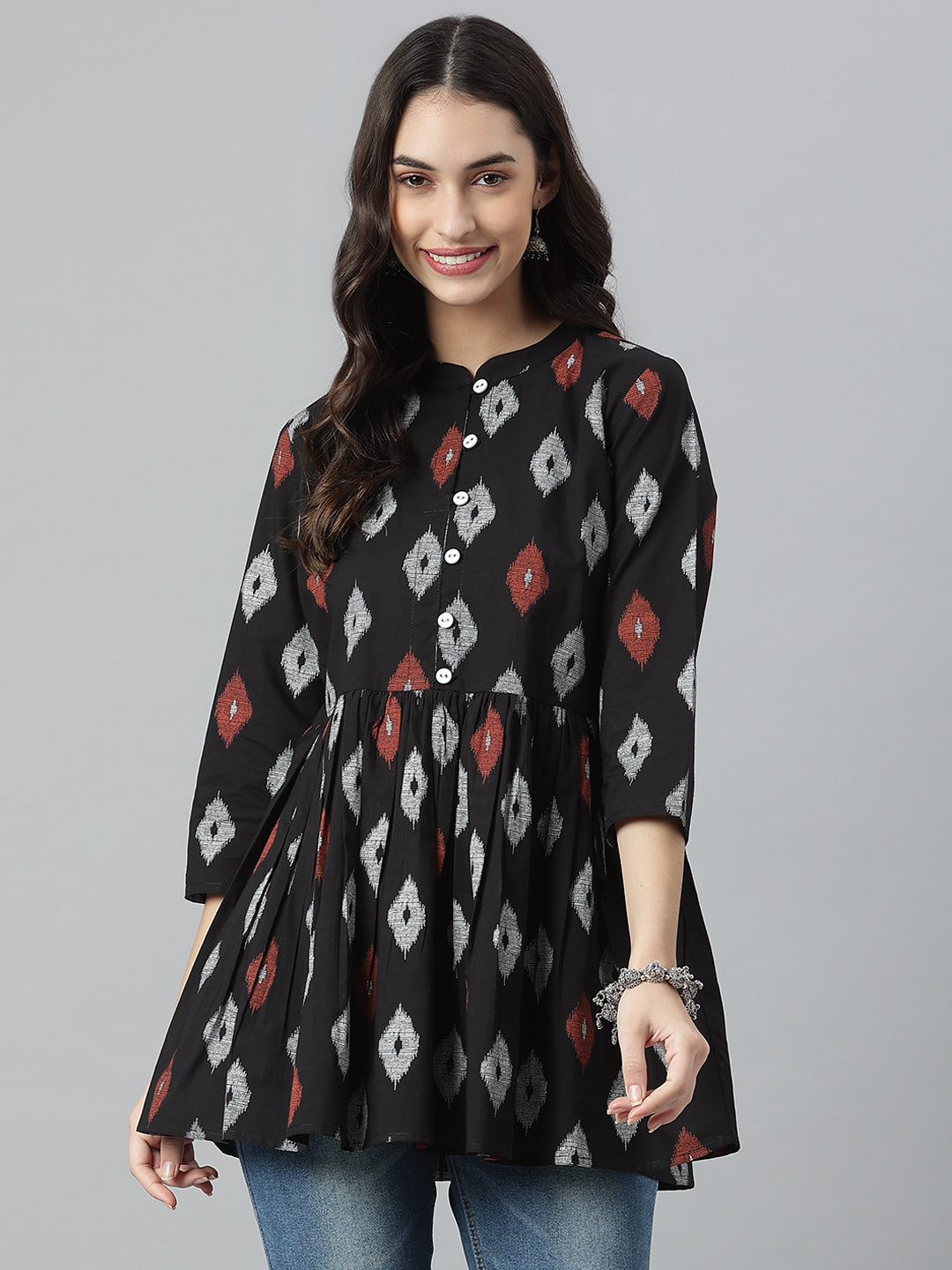 Ikat Printed Cotton Gathered Ethnic Short Tunic (Pre-Order)