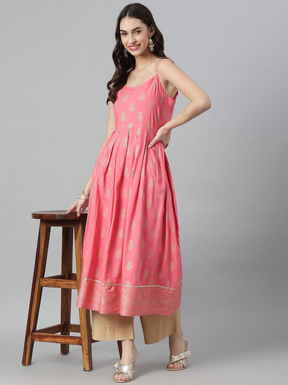 Gold Printed Rayon Pleated Kurta (Pre-Order)