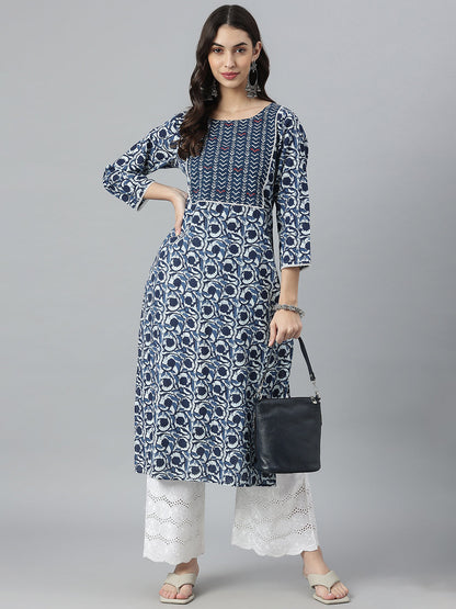 Indigo Printed Cotton Slub Straight Kurta (Pre-Order)