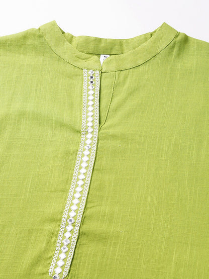 Solid Mirror Embroidered Cotton Slub Straight Kurta (Pre-Order)