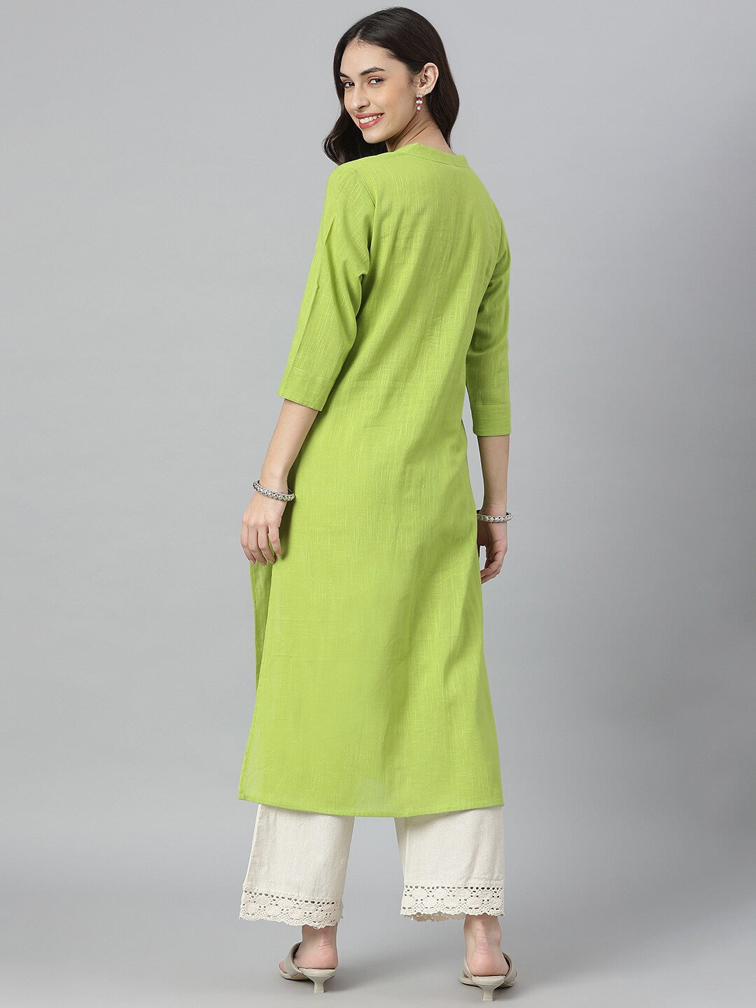 Solid Mirror Embroidered Cotton Slub Straight Kurta (Pre-Order)