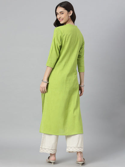 Solid Mirror Embroidered Cotton Slub Straight Kurta (Pre-Order)