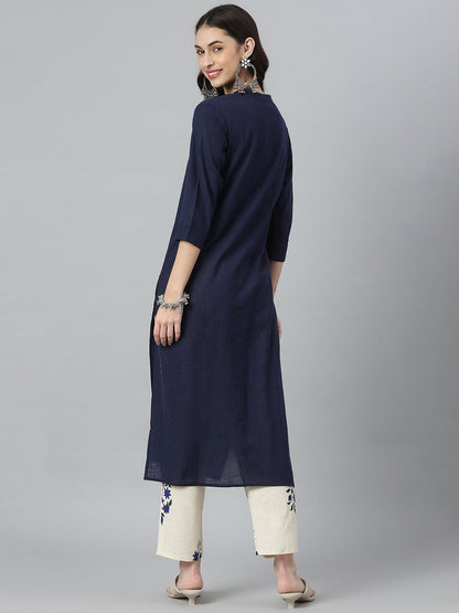 Solid Mirror Embroidered Cotton Slub Straight Kurta (Pre-Order)