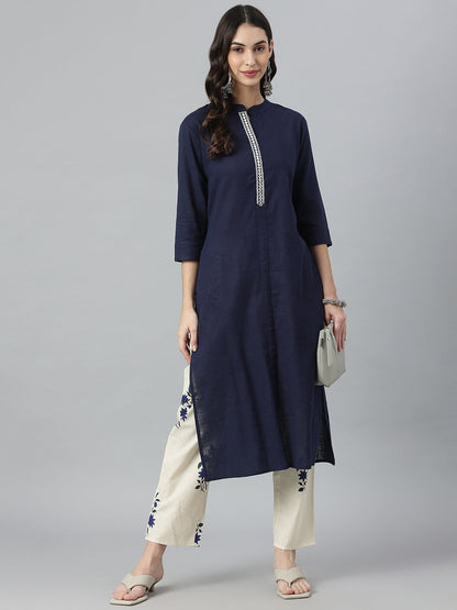Solid Mirror Embroidered Cotton Slub Straight Kurta (Pre-Order)