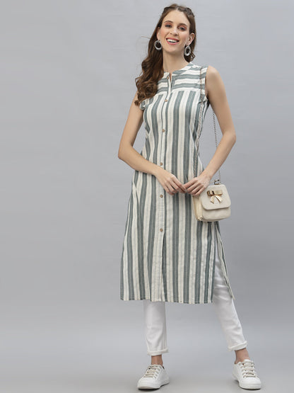 Self Woven Striped Cotton Blend Straight Kurta (Pre-Order)