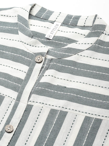 Self Woven Striped Cotton Blend Straight Kurta (Pre-Order)