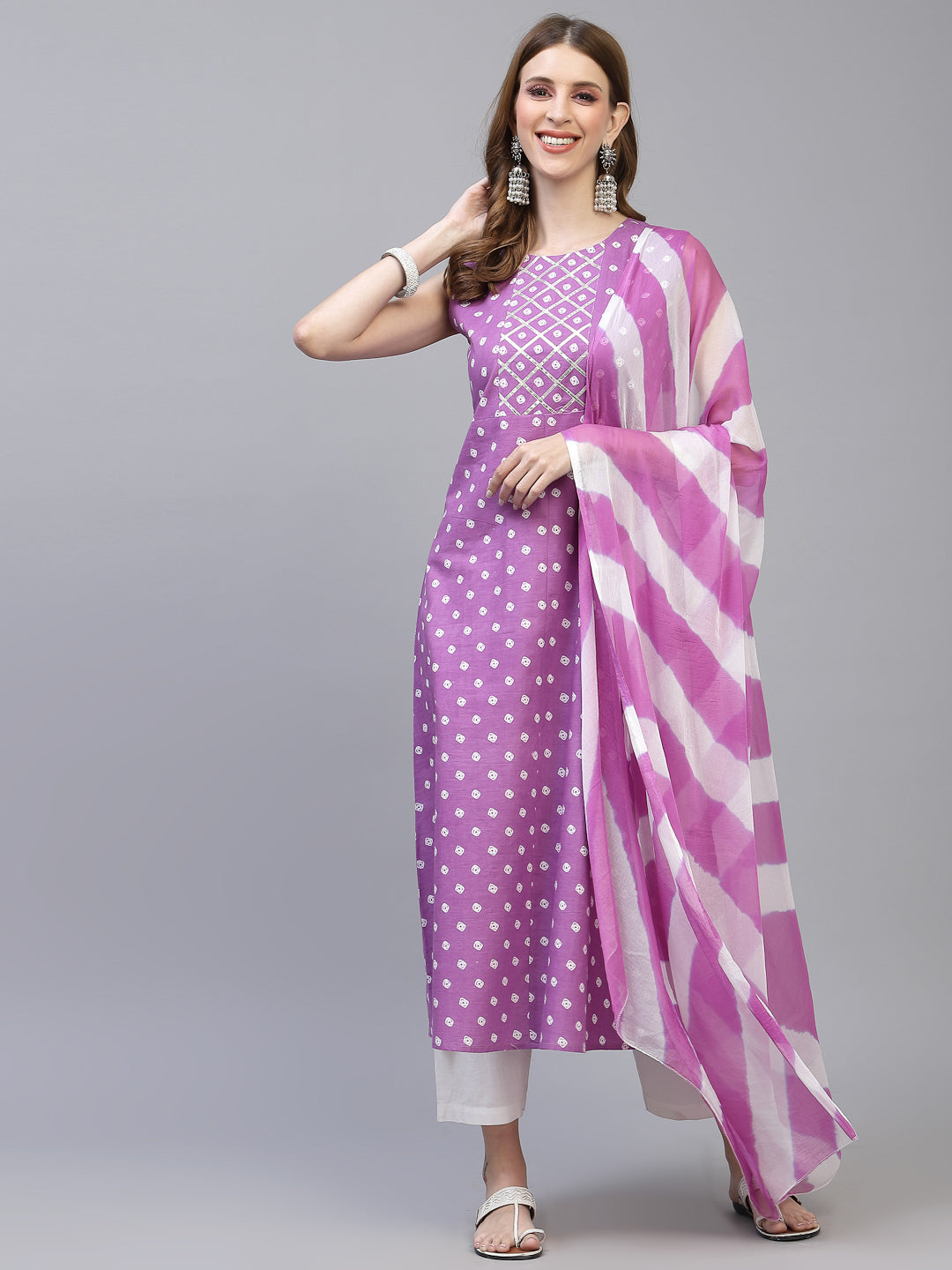 Bandhej Printed A-Line Kurta with Dupatta (Pre-Order)