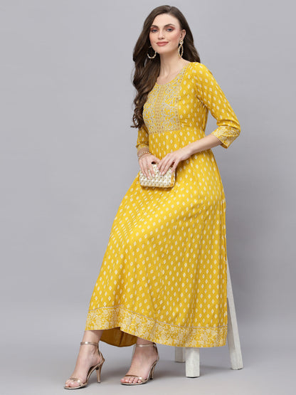 Printed & Embroidered Rayon Flared Kurta (Pre-Order)