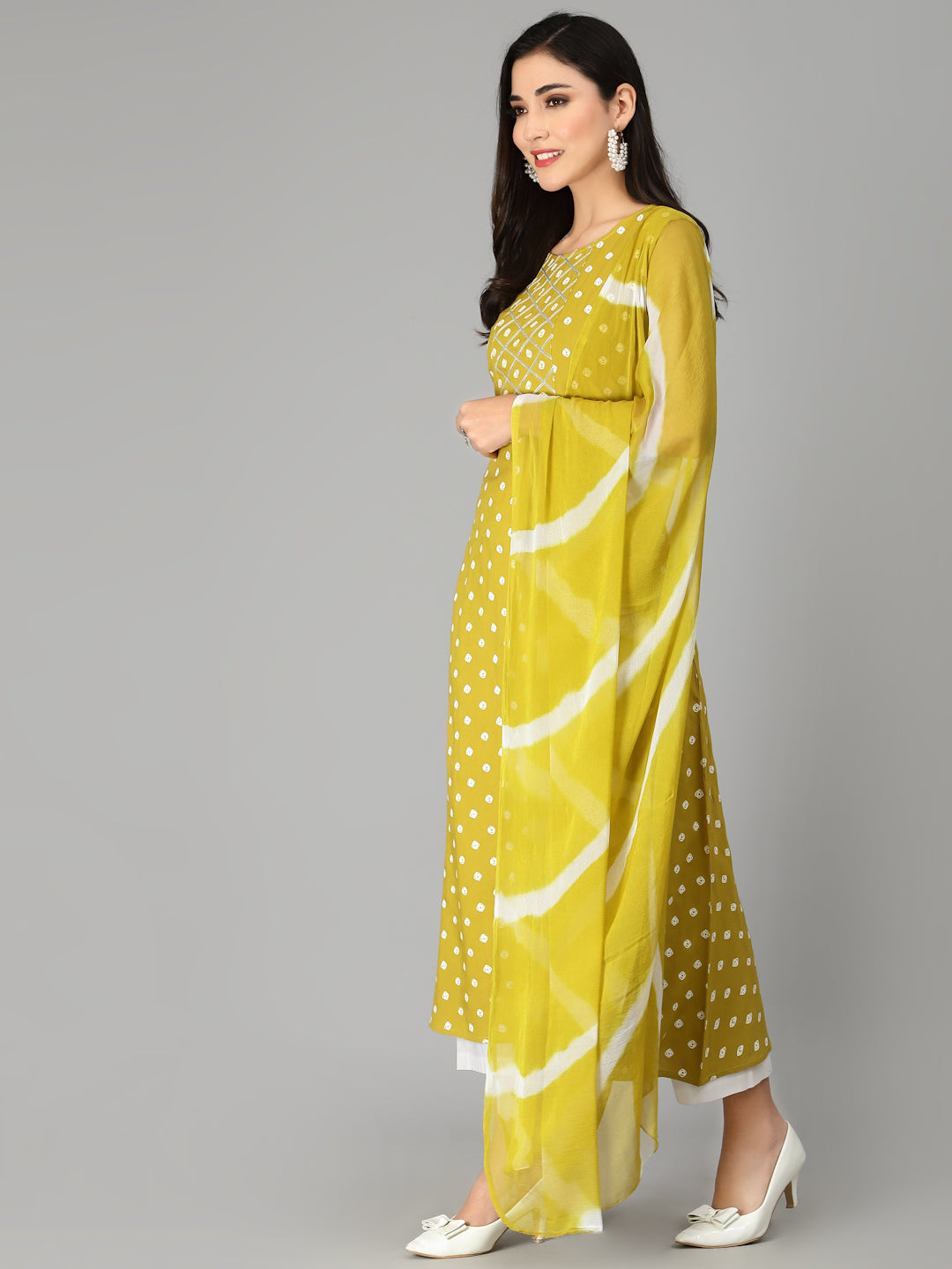 Bandhej Printed A-Line Kurta with Dupatta (Pre-Order)