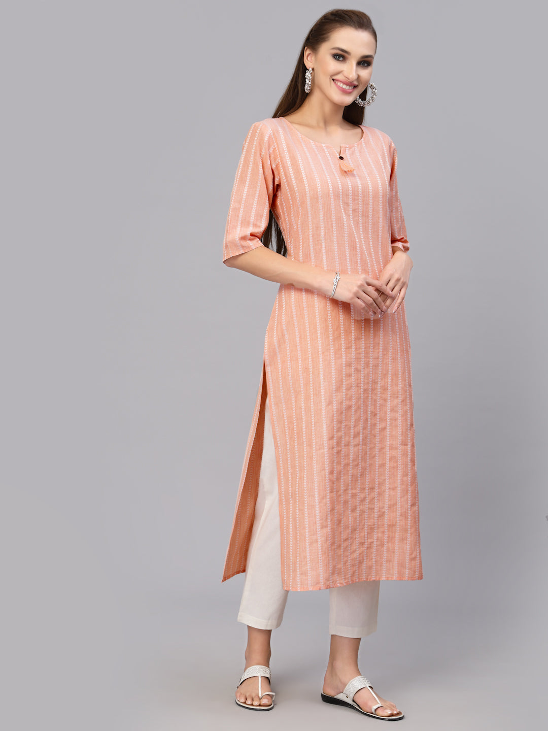 Self Woven Striped Cotton Blend Straight Kurta (Pre-Order)