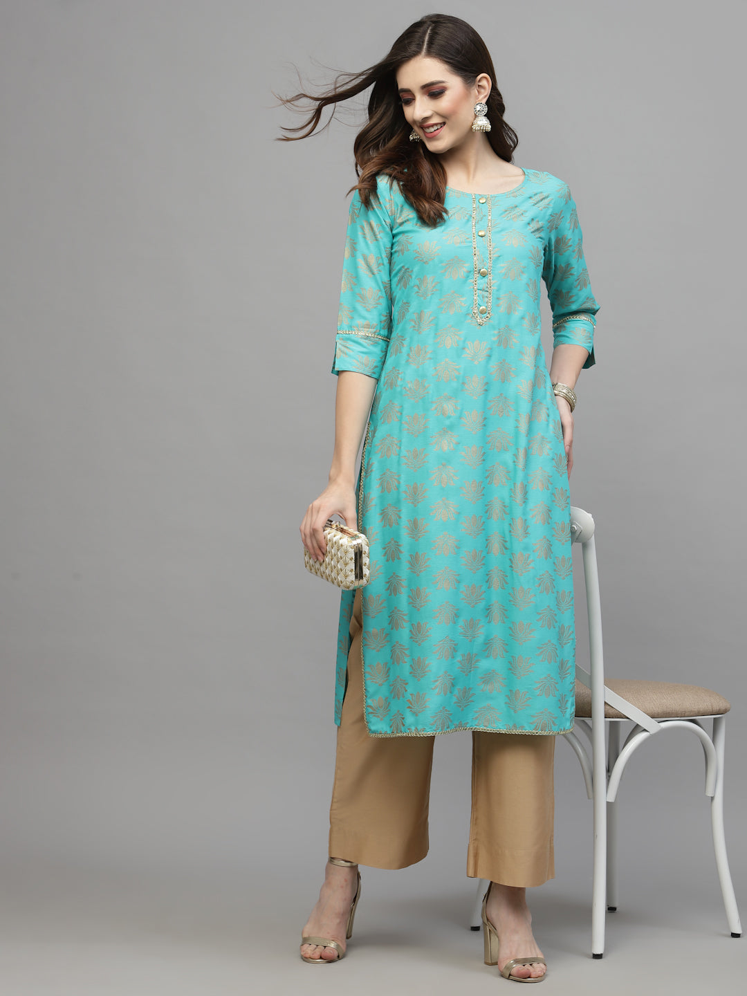 Gold Printed Rayon Straight Kurta (Pre-Order)