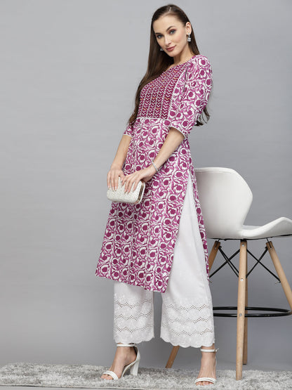 Purple Printed Cotton Slub Straight Kurta (Pre-Order)