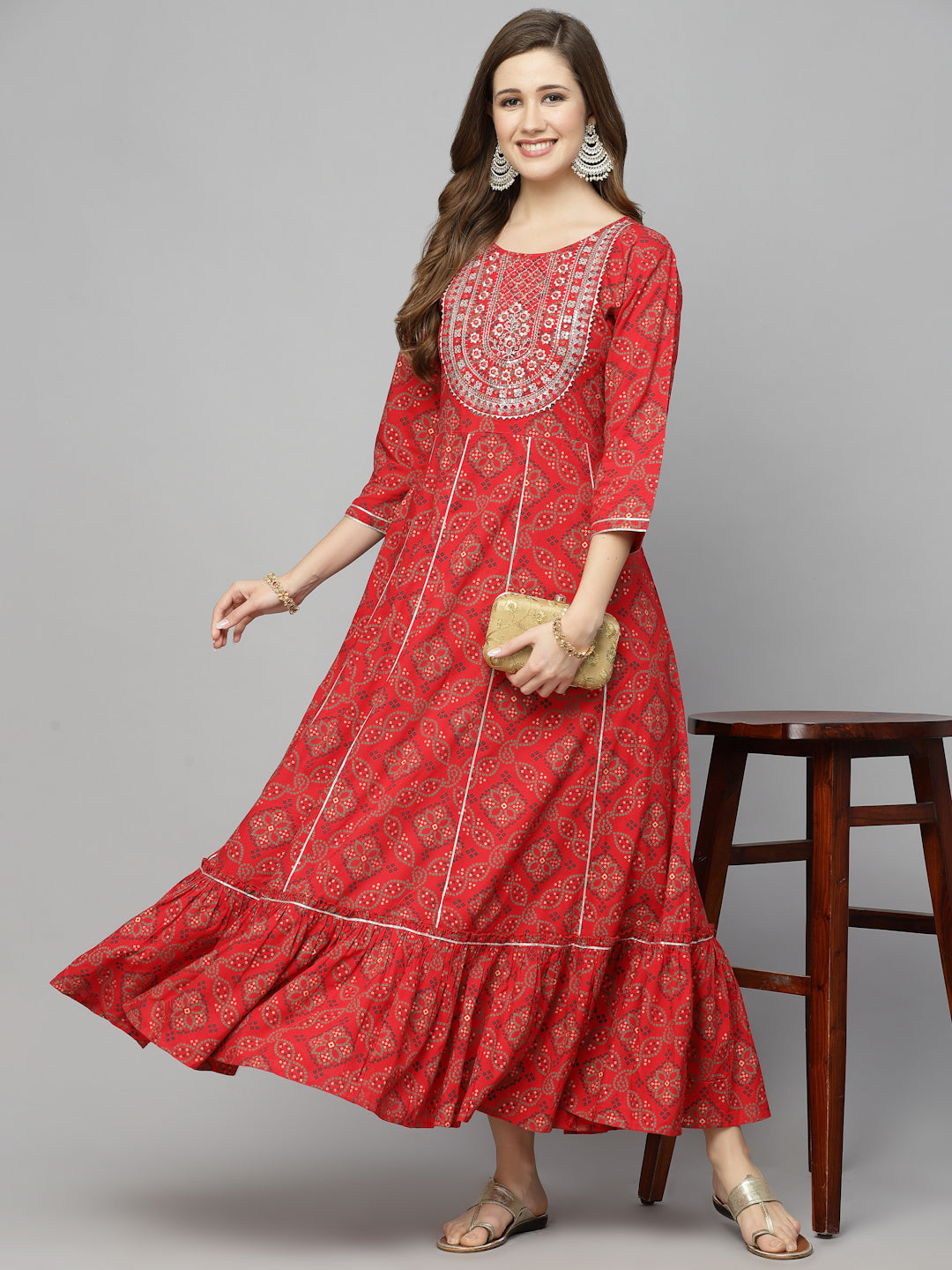 Bandhani Printed & Embroidered Rayon Anarkali Kurta (Pre-Order)