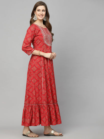 Bandhani Printed & Embroidered Rayon Anarkali Kurta (Pre-Order)