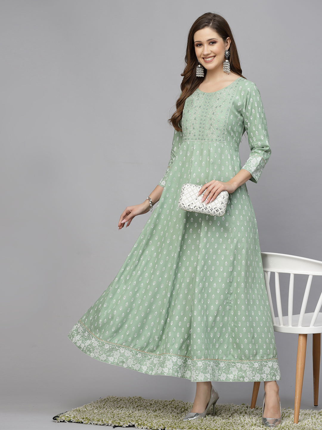 Green Printed & Embroidered Rayon Anarkali Kurta (Pre-Order)