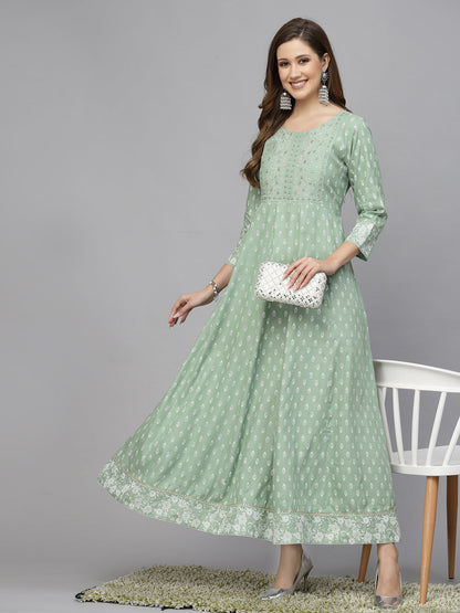 Green Printed & Embroidered Rayon Anarkali Kurta (Pre-Order)