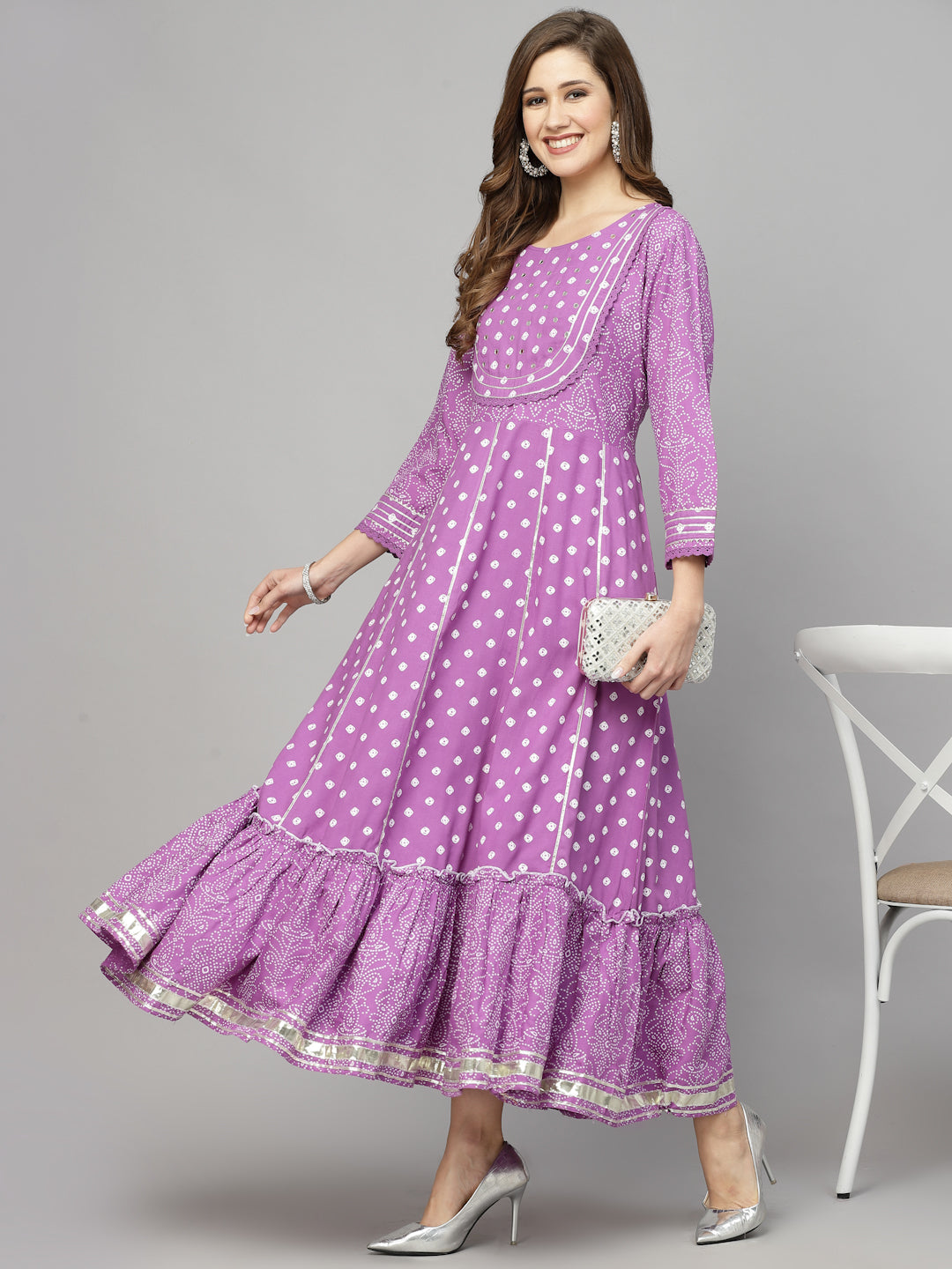 Bandhani Printed & Embellished Rayon Anarkali Kurta (Pre-Order)