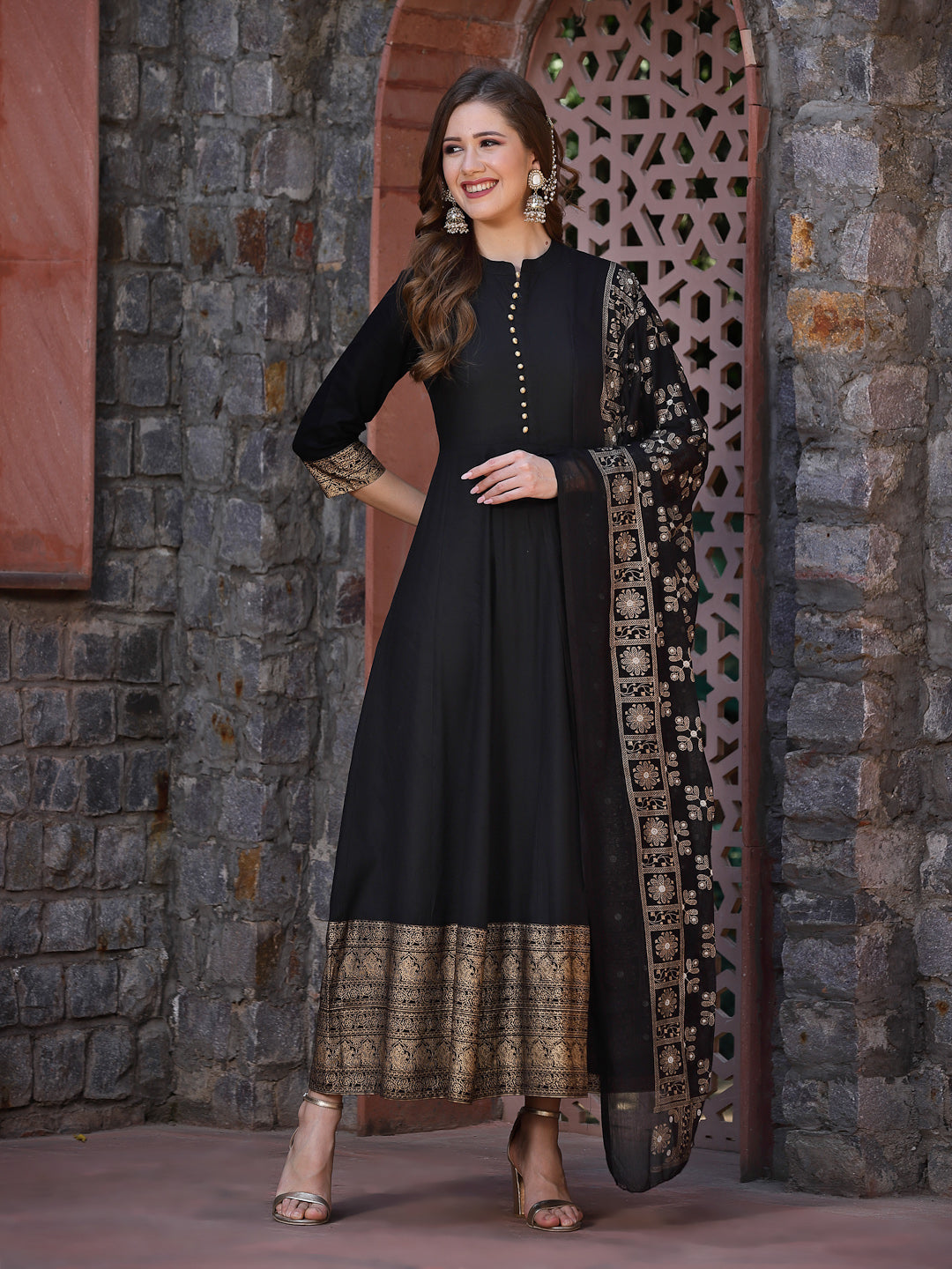 Printed Rayon Anarkali Kurta With Dupatta