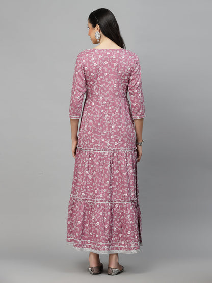 Printed & Embellished Rayon Tiered Kurta (Pre-Order)