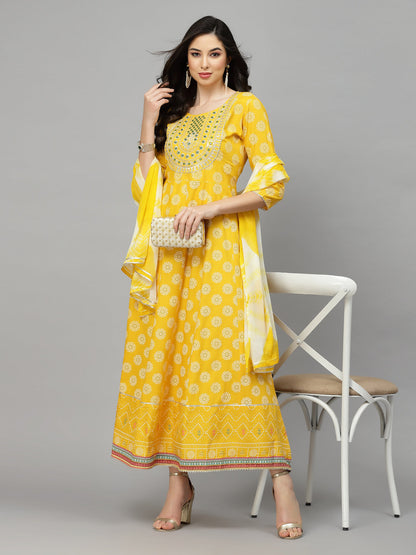 Printed & Embroidered Rayon Anarkali Kurta With Dupatta (Pre-Order)