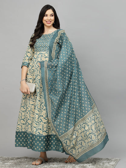 Printed Cotton Anarkali Kurta With Dupatta (Pre-Order)