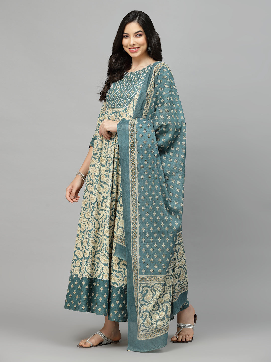 Printed Cotton Anarkali Kurta With Dupatta (Pre-Order)