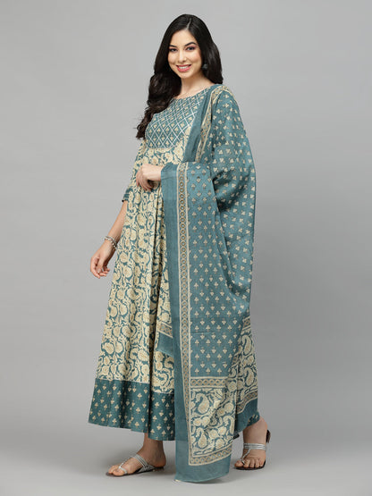 Printed Cotton Anarkali Kurta With Dupatta (Pre-Order)
