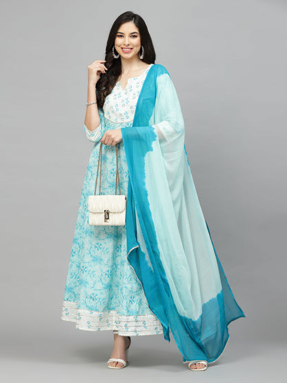 Printed Cotton Anarkali Kurta With Dupatta (Pre-Order)