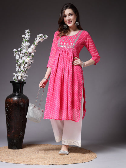 Lehariya Printed & Embroidered Georgette Naira Cut Kurta (Pre-Order)