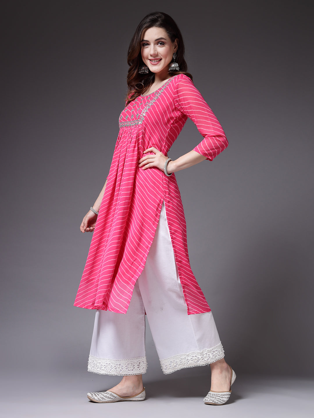 Lehariya Printed & Embroidered Georgette Naira Cut Kurta (Pre-Order)