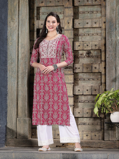 Bandhej Printed & Embroidered Rayon Straight Kurta