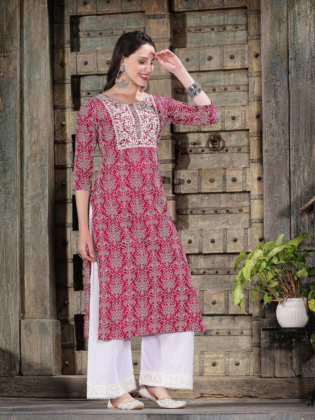 Bandhej Printed & Embroidered Rayon Straight Kurta