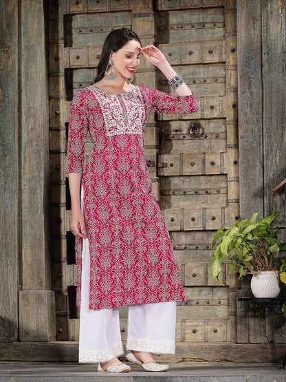 Bandhej Printed & Embroidered Rayon Straight Kurta
