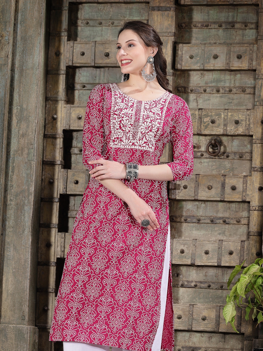 Bandhej Printed & Embroidered Rayon Straight Kurta